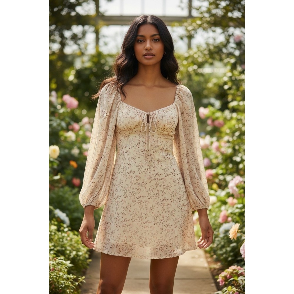 Lelis Collection Floral Mini Dress Tan Pink Sweetheart Bishop Sleeve M